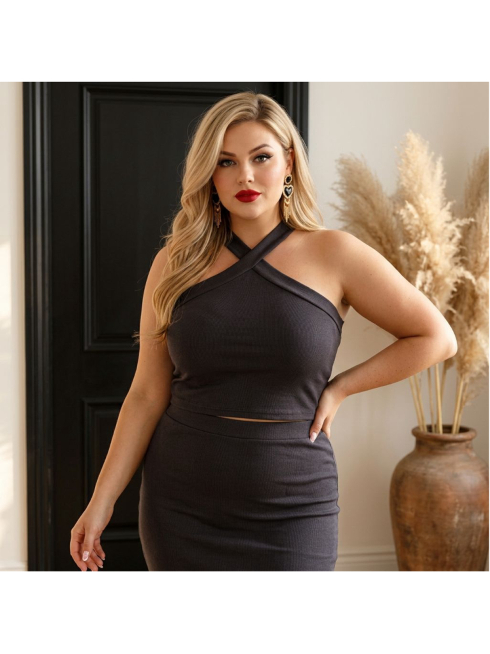 Black High Neck Halter Top Plus Size 1X Open Shoulder Glam Special Occasion luxe